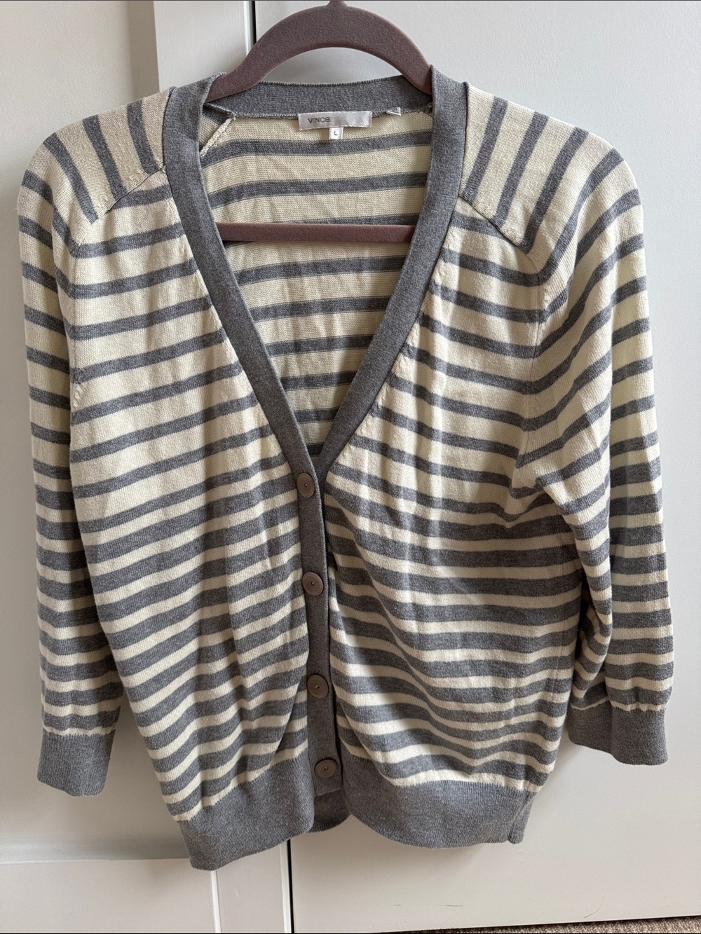 Vince Cream and Gray Striped Button-Front Cardigan